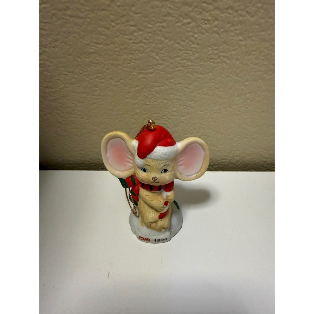 Vintage CVS 1994 Christmas Mouse Ornament Ceramic Santa Hat Candy Cane Figurine